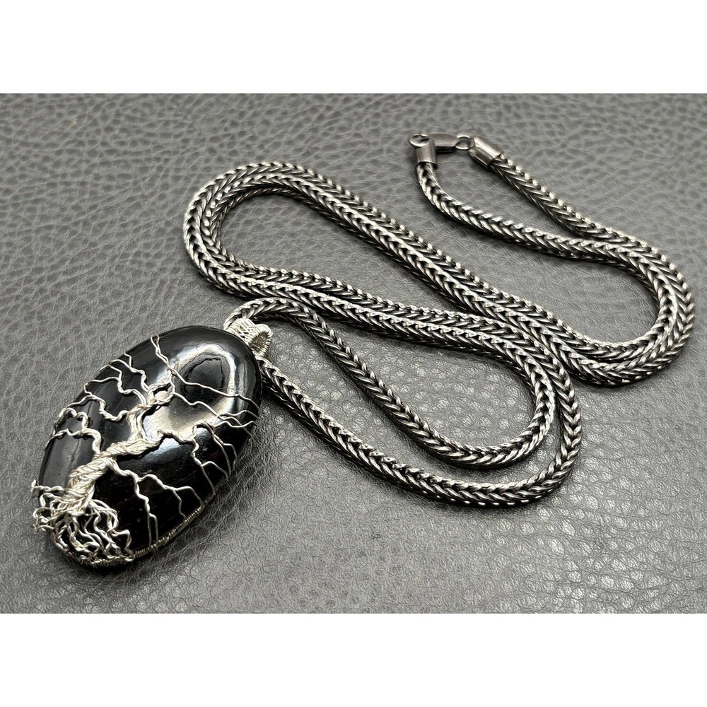 Tree of Life Black Onyx Pendant Silver Tone Wire Wrapped Foxtail Necklace 34"